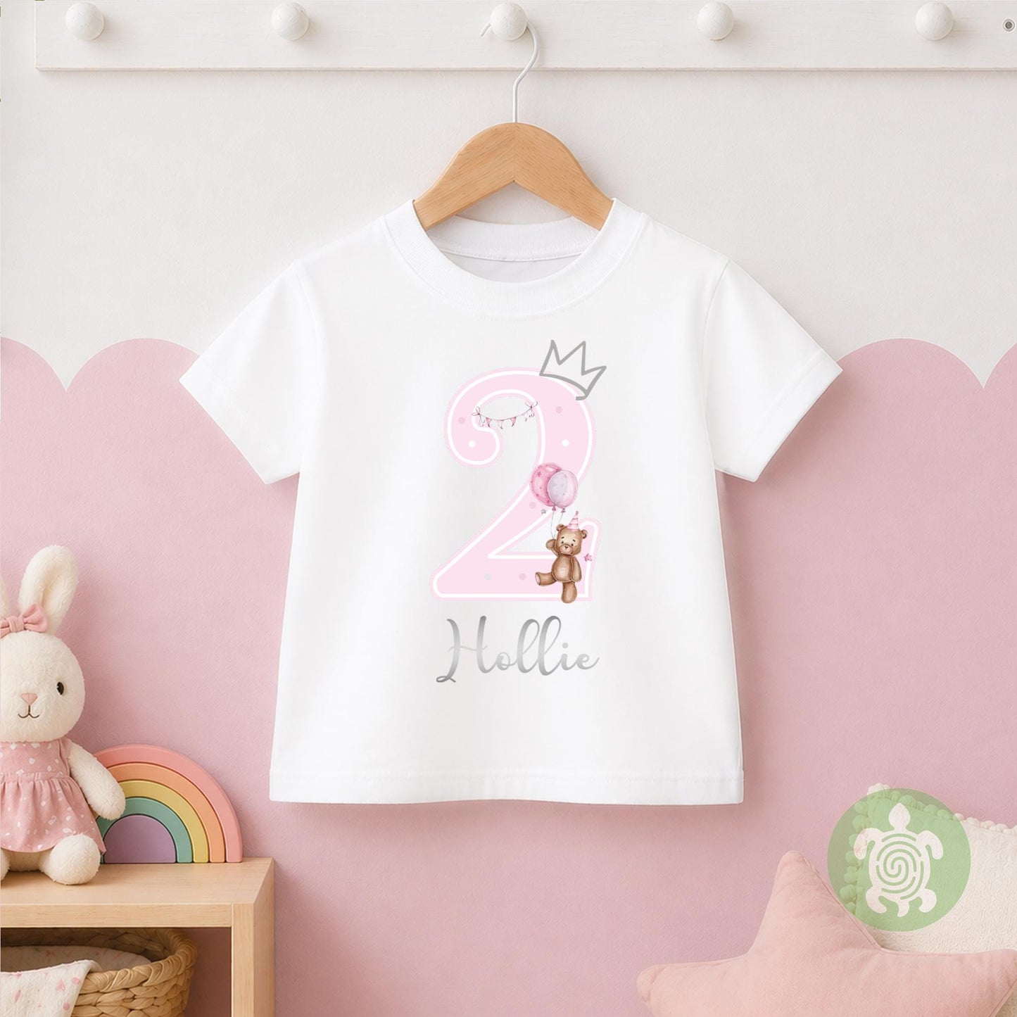 Teddy Bear Pink Birthday Girl Party T-shirt Top, Personalised 1st 2nd 3rd Birthday design with Metallic Silver Print Children's Clothing