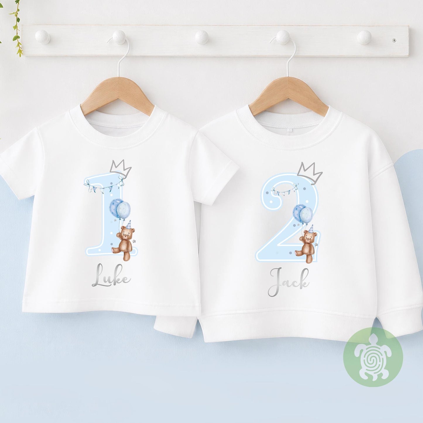 Teddy Bear Blue Birthday Boy Party T-shirt Top, Personalised 1st 2nd 3rd Birthday design with Metallic Silver Print Children's Clothing