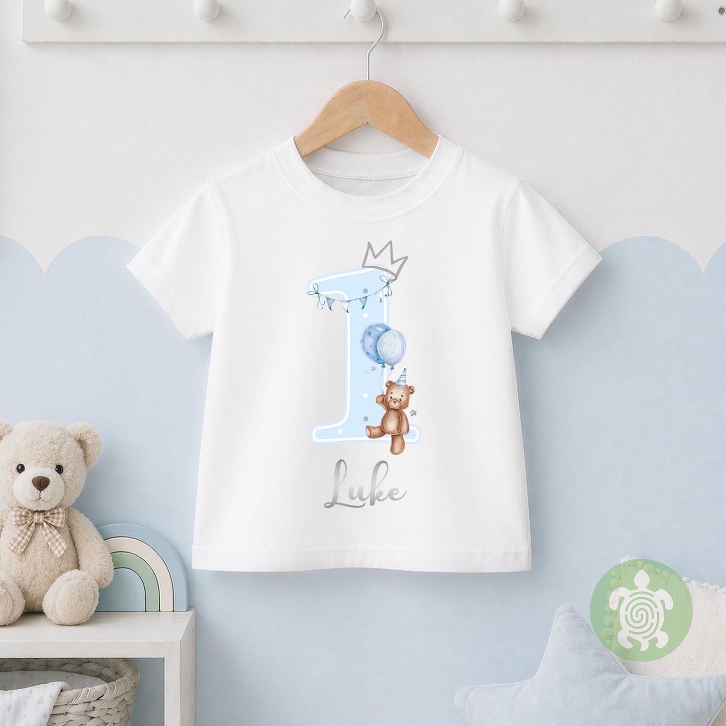Teddy Bear Blue Birthday Boy Party T-shirt Top, Personalised 1st 2nd 3rd Birthday design with Metallic Silver Print Children's Clothing
