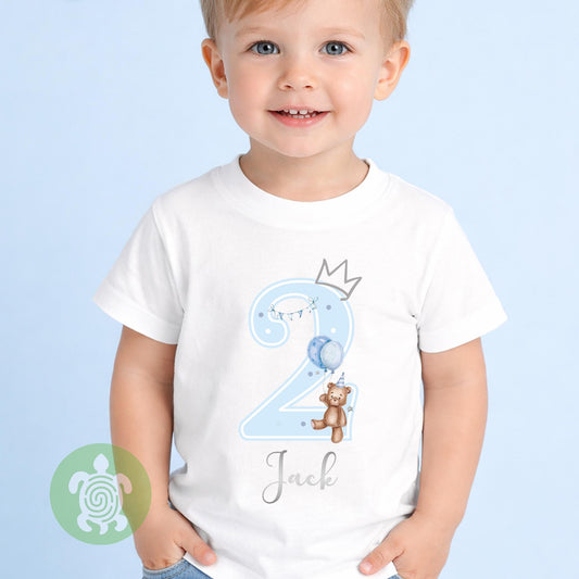 Teddy Bear Blue Birthday Boy Party T-shirt Top, Personalised 1st 2nd 3rd Birthday design with Metallic Silver Print Children's Clothing