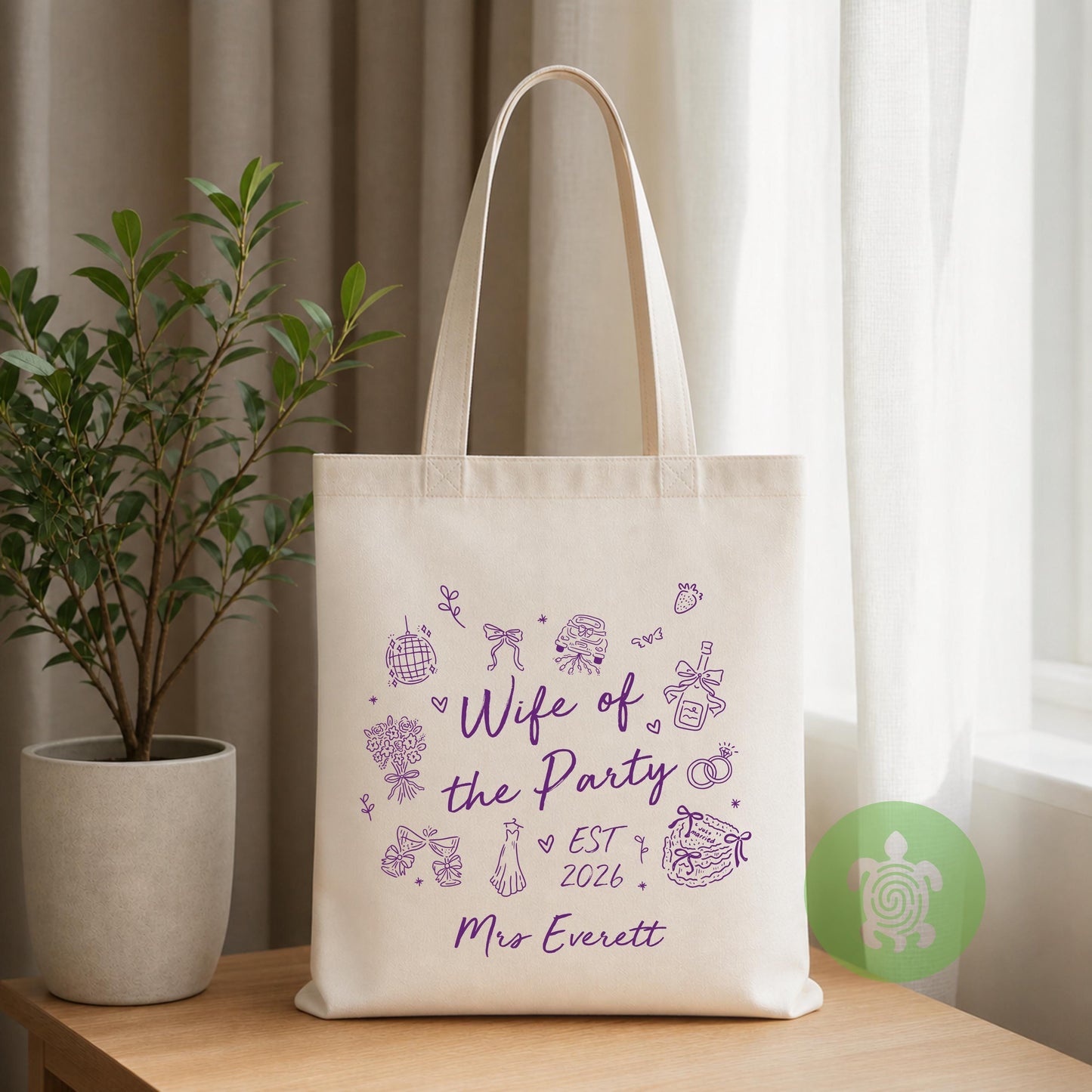 Personalised Wife of the Party Tote Bag, Hand-Drawn Bridal Bag, Honeymoon Beach Bag, Newleywed Gift, Bride Present, Gift for her
