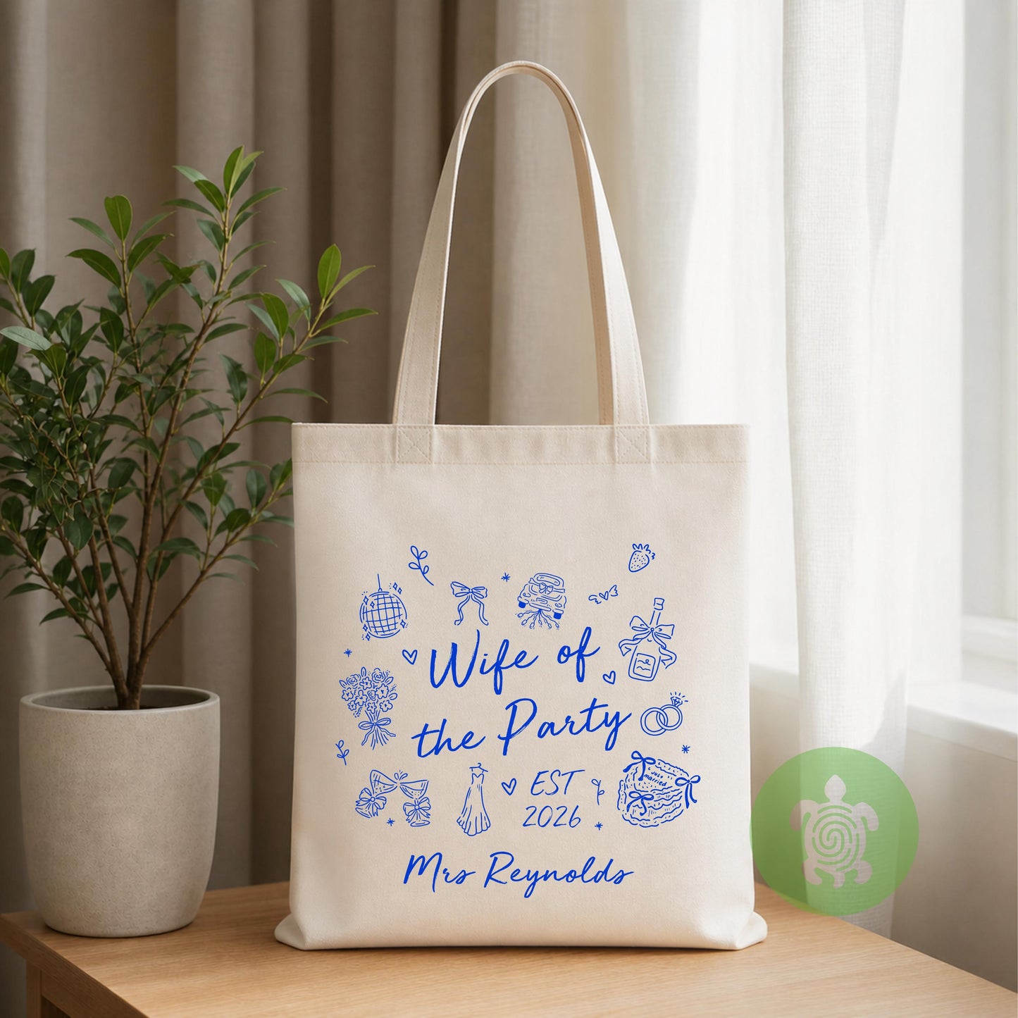 Personalised Wife of the Party Tote Bag, Hand-Drawn Bridal Bag, Honeymoon Beach Bag, Newleywed Gift, Bride Present, Gift for her
