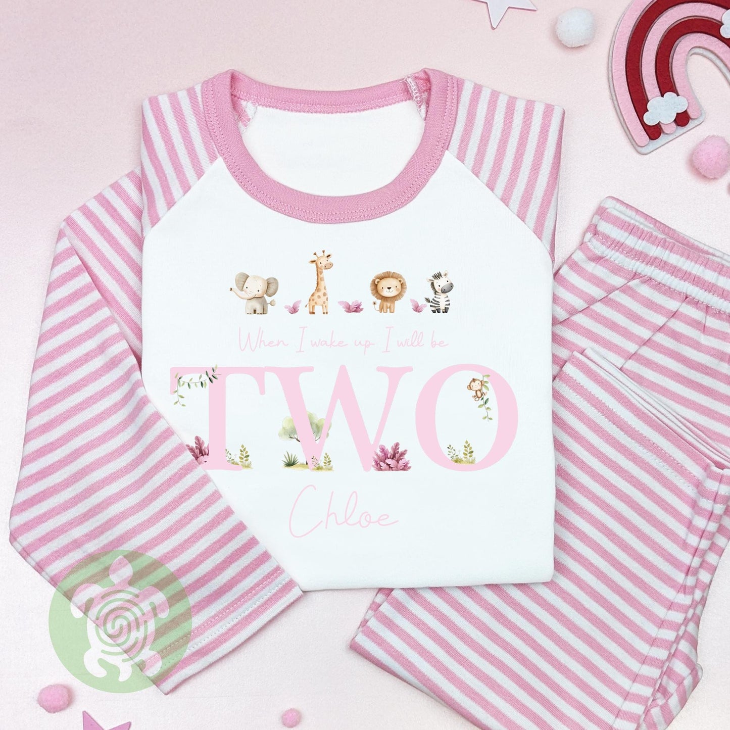 Pink Safari Four Personalised Kids Outfit, Birthday Morning Set, Custom Name Cotton Clothing Set for Girls, Tight-fitting style