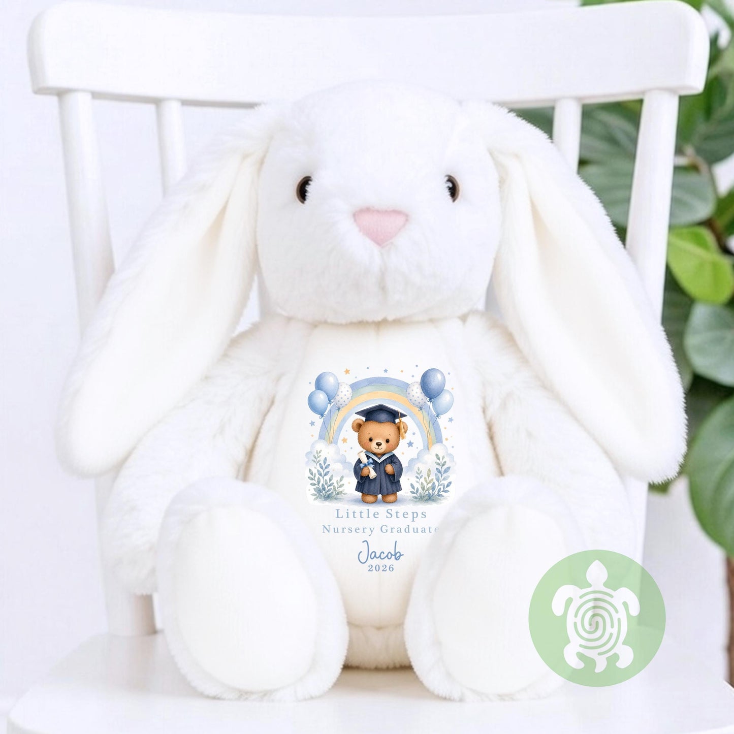 Personalised Graduation Blue Rainbow Nursery Bunny, Nursery Graduation Teddy, Personalised Last Day of Nursery, School Leavers