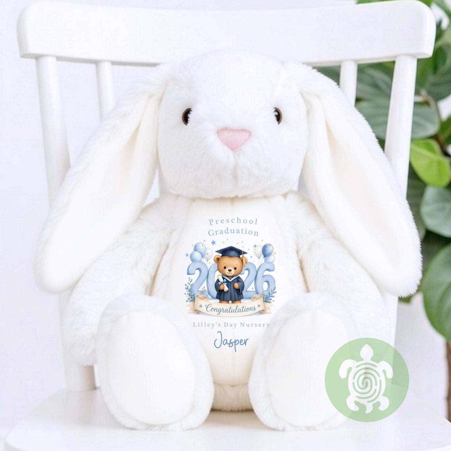 Personalised Blue Graduation Nursery Bunny with Year, Nursery Graduation Teddy, Personalised Last Day of Nursery, School Leavers