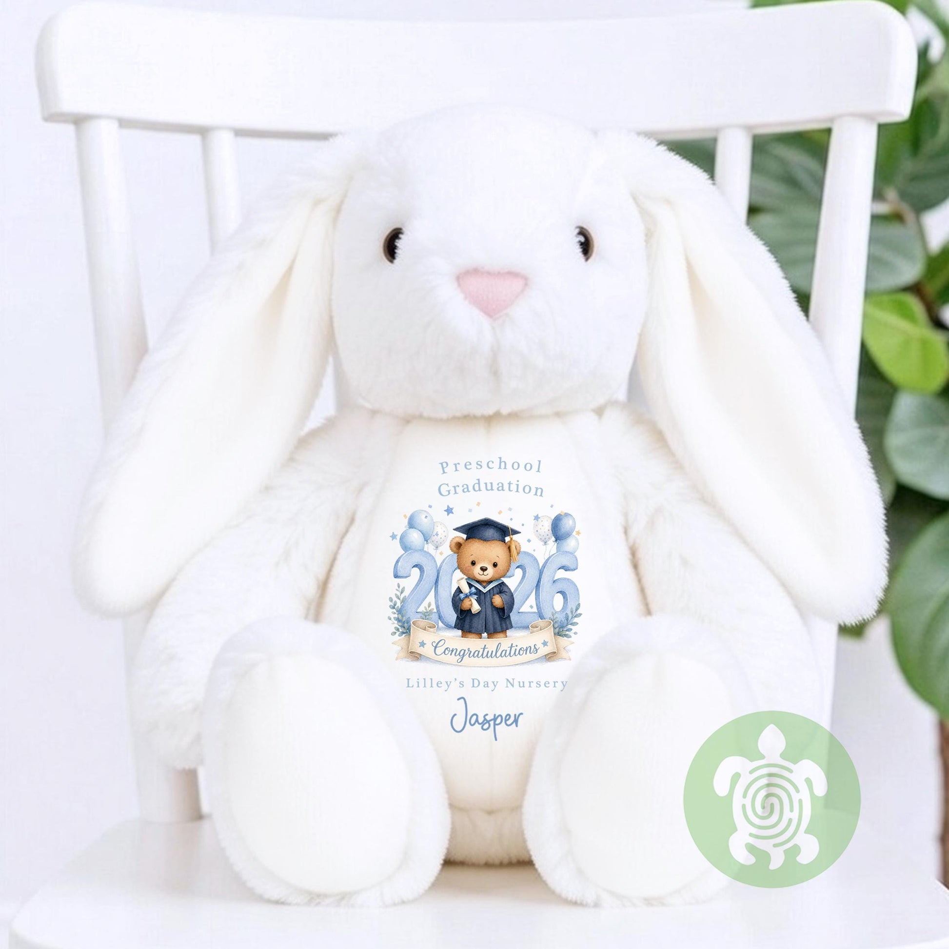 Personalised Blue Graduation Nursery Bunny with Year, Nursery Graduation Teddy, Personalised Last Day of Nursery, School Leavers