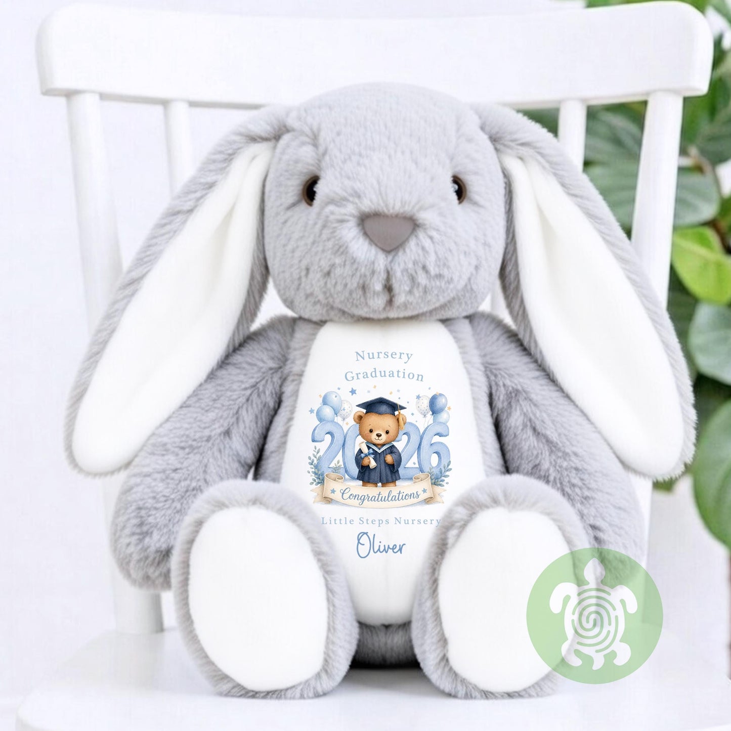 Personalised Blue Graduation Nursery Bunny with Year, Nursery Graduation Teddy, Personalised Last Day of Nursery, School Leavers