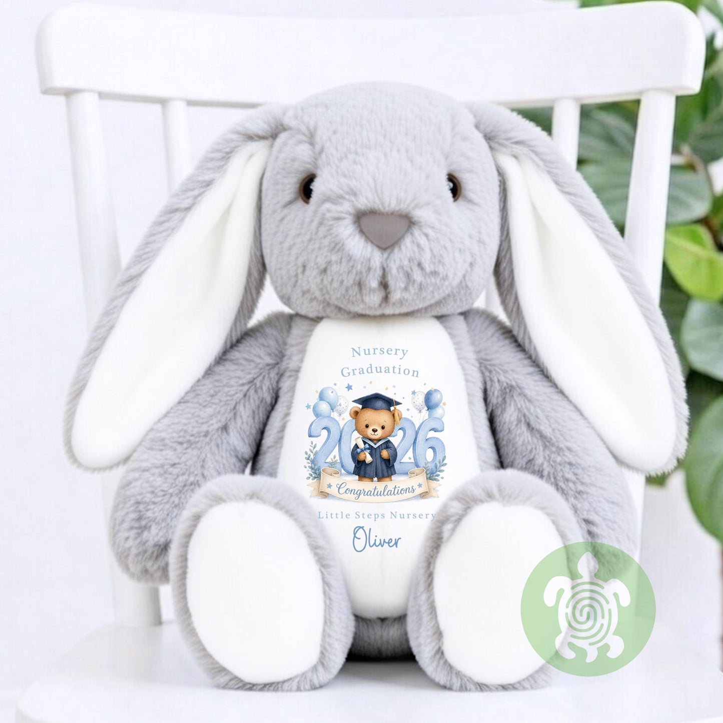 Personalised Blue Graduation Nursery Bunny with Year, Nursery Graduation Teddy, Personalised Last Day of Nursery, School Leavers
