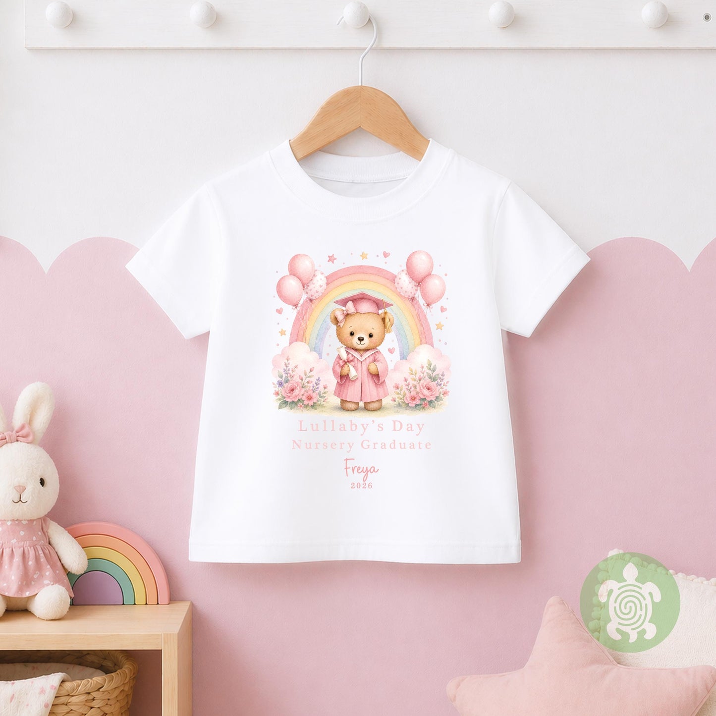 Personalised Pink Nursery Graduation Rainbow Bunny Top, Nursery Graduation Teddy, Personalised Last Day of Nursery, Nursery Leavers T Shirt