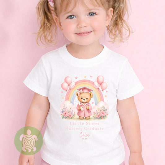 Personalised Pink Nursery Graduation Rainbow Bunny Top, Nursery Graduation Teddy, Personalised Last Day of Nursery, Nursery Leavers T Shirt