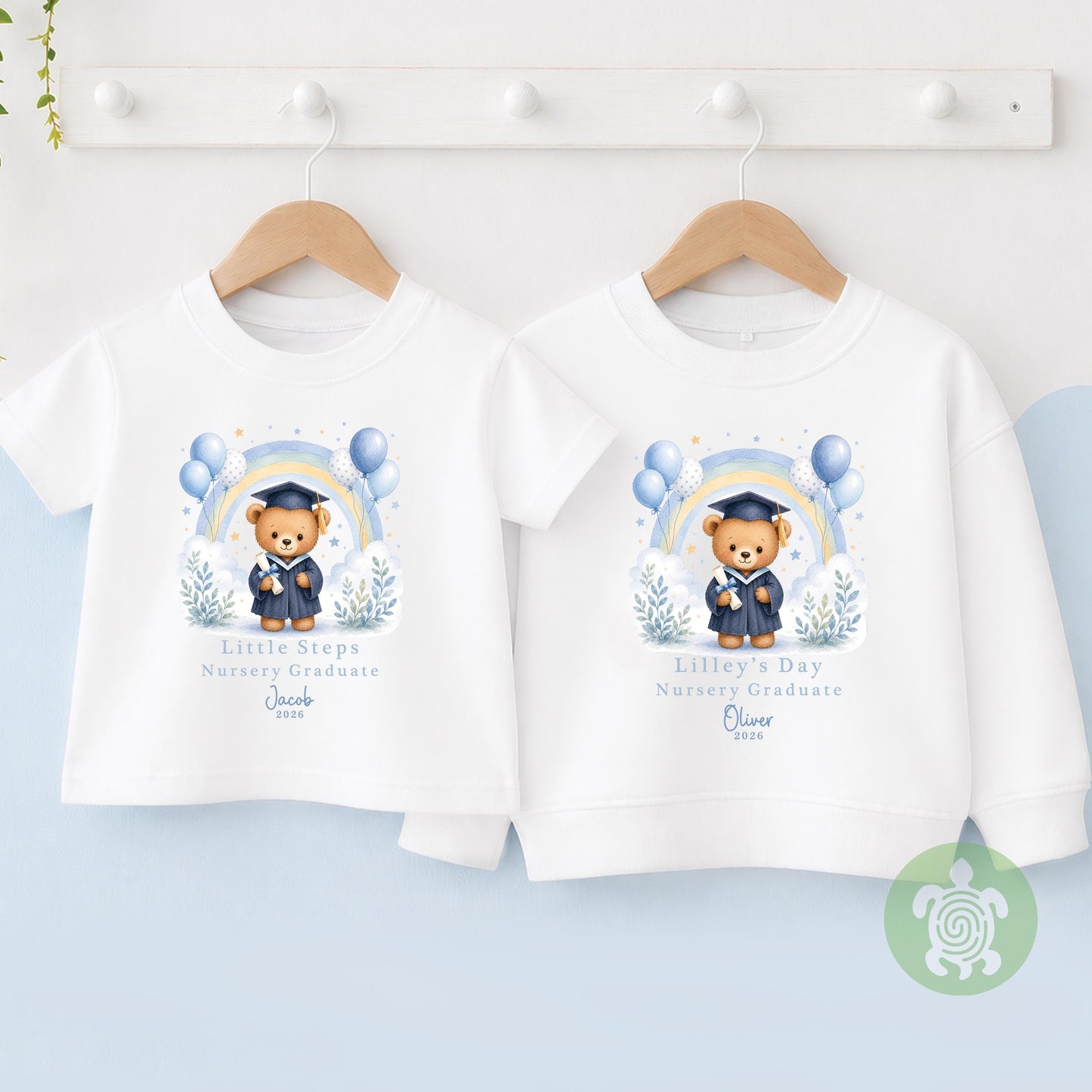 Personalised Blue Nursery Graduation Rainbow Bunny Top, Nursery Graduation Teddy, Personalised Last Day of Nursery, Nursery Leavers T Shirt