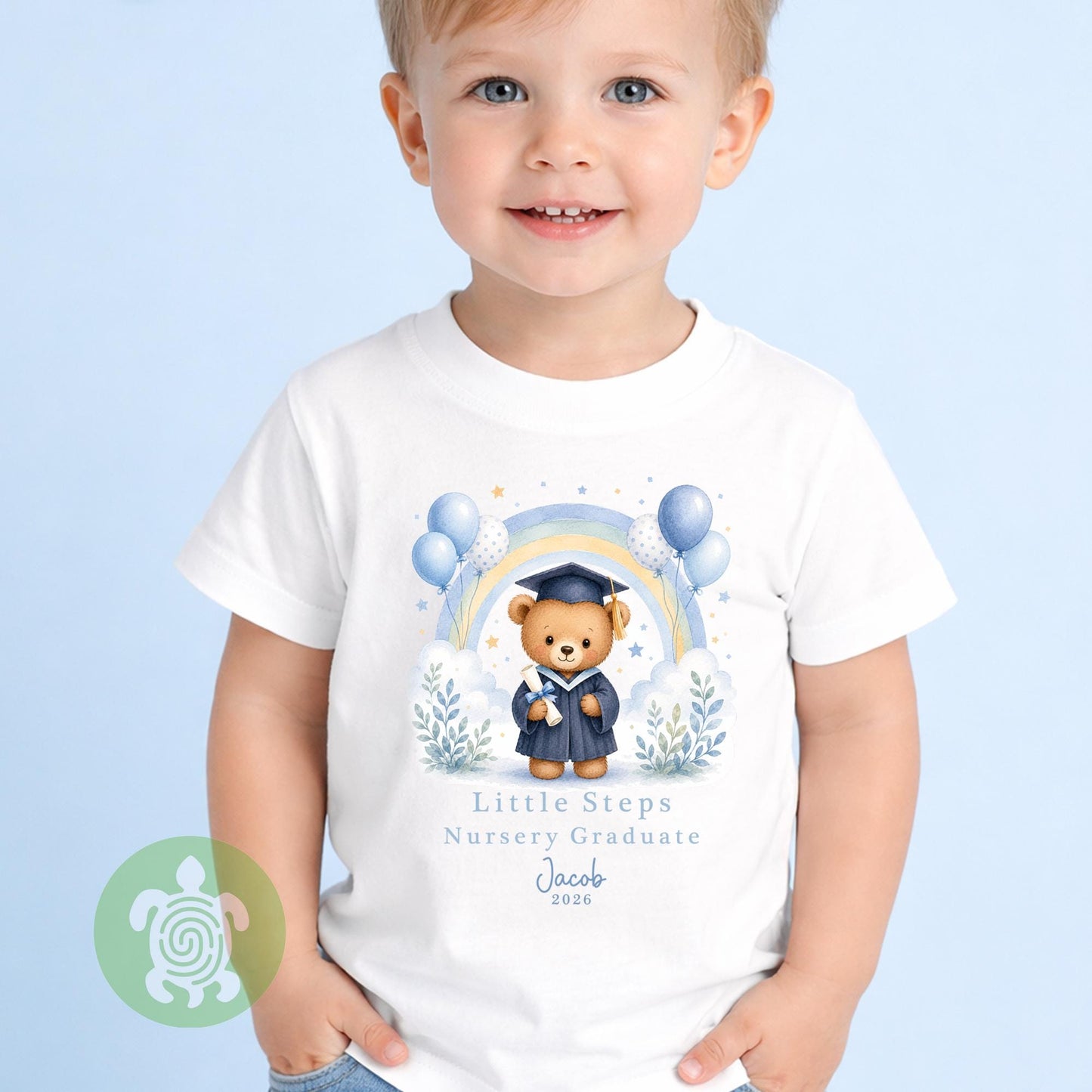 Personalised Blue Nursery Graduation Rainbow Bunny Top, Nursery Graduation Teddy, Personalised Last Day of Nursery, Nursery Leavers T Shirt