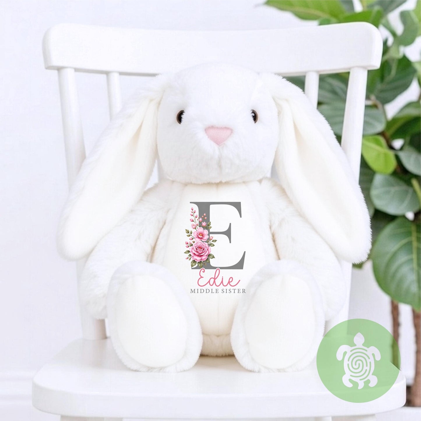 Personalised Big Sister Little Sister Floral Initial Bunny, Custom Soft Toy, Sister Announcement Gift, New Baby Plush, Baby Shower Present