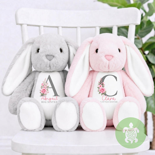 Personalised Big Sister Little Sister Floral Initial Bunny, Custom Soft Toy, Sister Announcement Gift, New Baby Plush, Baby Shower Present