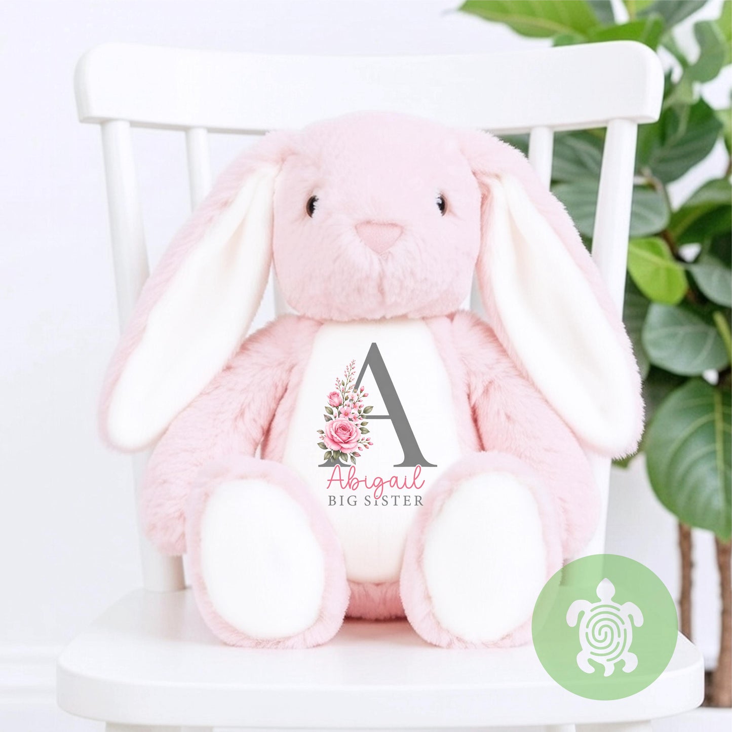 Personalised Big Sister Little Sister Floral Initial Bunny, Custom Soft Toy, Sister Announcement Gift, New Baby Plush, Baby Shower Present