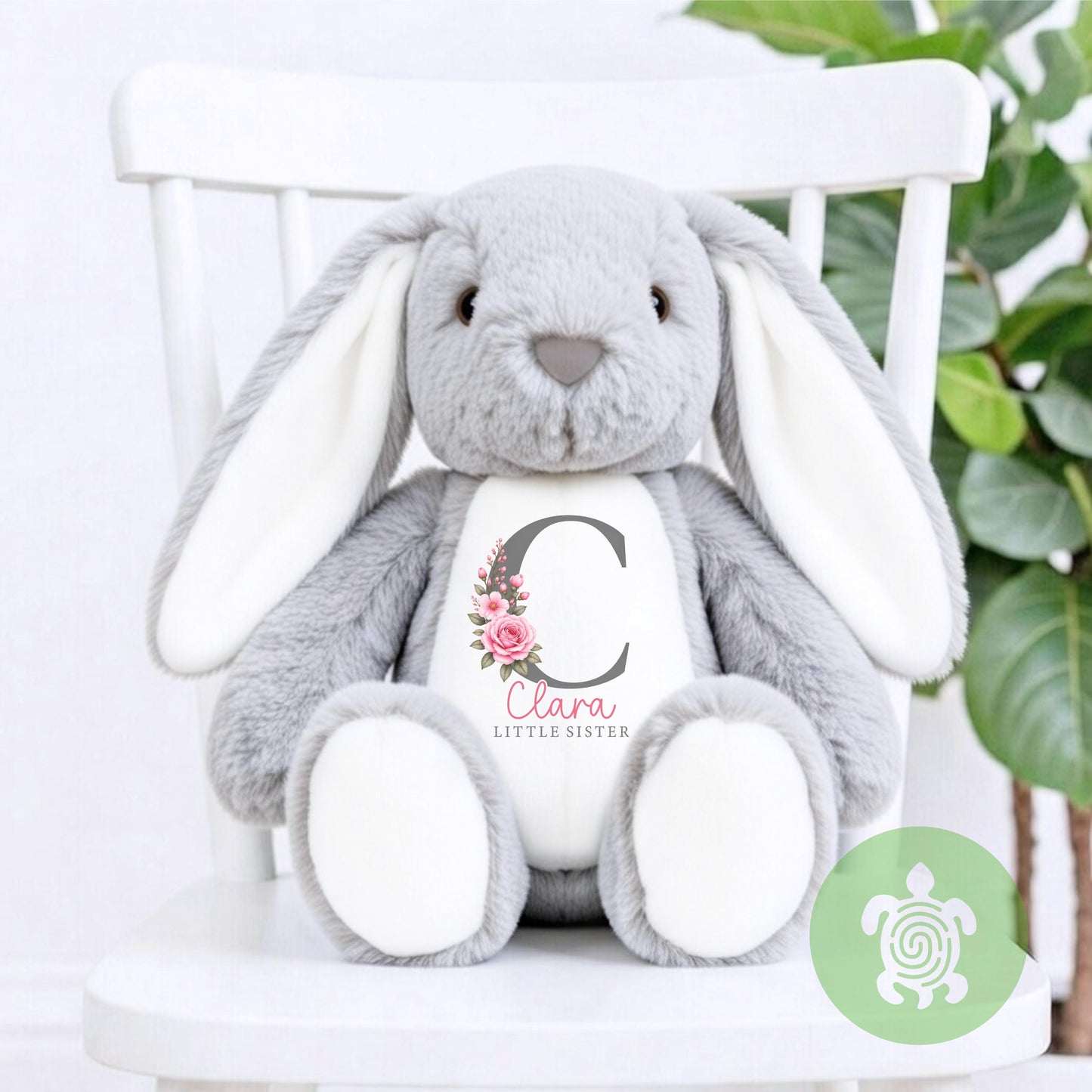 Personalised Big Sister Little Sister Floral Initial Bunny, Custom Soft Toy, Sister Announcement Gift, New Baby Plush, Baby Shower Present