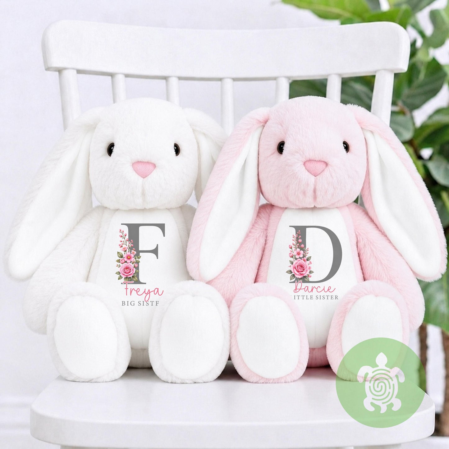 Personalised Big Sister Little Sister Floral Initial Bunny, Custom Soft Toy, Sister Announcement Gift, New Baby Plush, Baby Shower Present