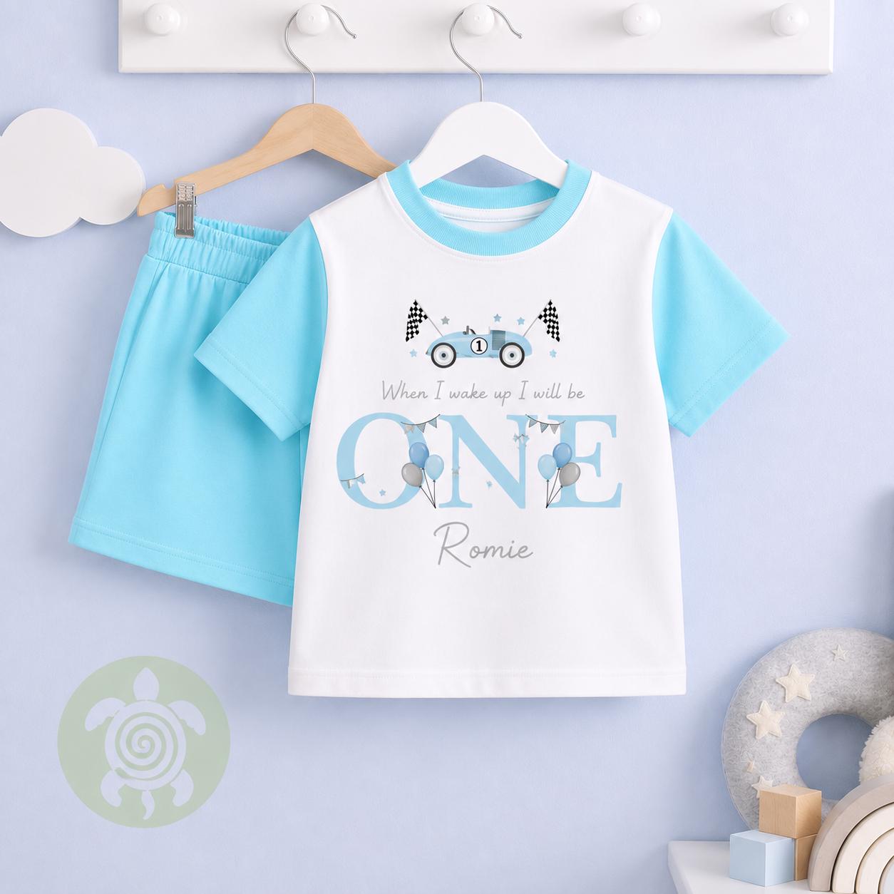 Personalised Blue Themed Any Age Birthday Boys Shorts & T-shirt Set, Birthday Morning Set, Cotton Clothing Set, Tight-fitting style