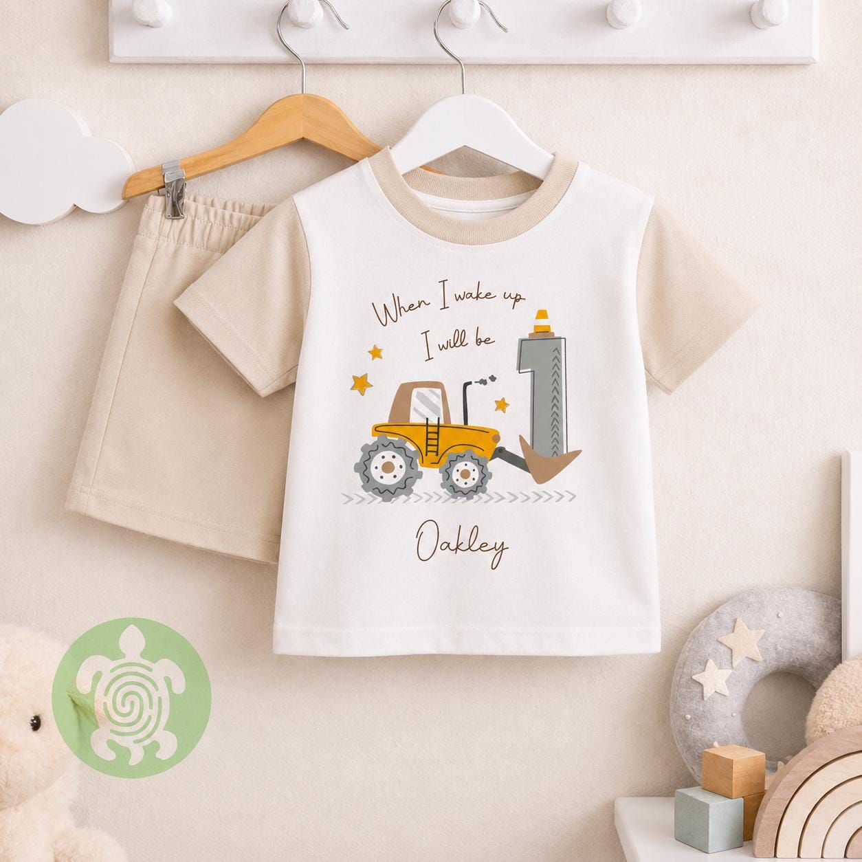 Green/Beige Themed Any Age Birthday Boys Shorts & T-shirt Kids Outfit, Birthday Morning Set, Custom Clothing Set, Tight-fitting style