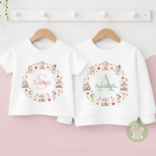 Personalised Fairy T-shirt | Custom Fairy Name Sweatshirt | Personalised Baby Vest, Sleepsuit & Bib | Floral Initial Girls Gift