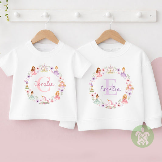 Personalised Princess T-shirt | Custom Princess Name Sweatshirt | Personalised Baby Vest, Sleepsuit & Bib | Floral Initial Girls Gift