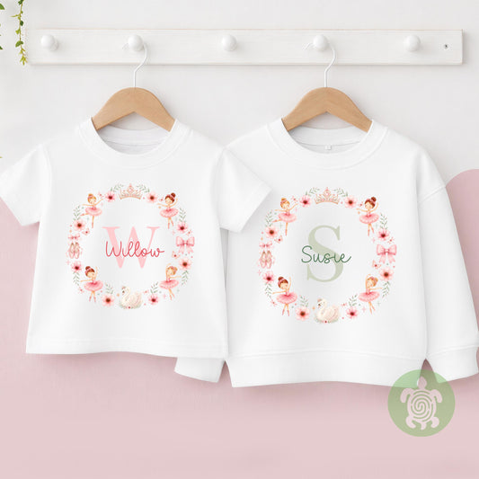 Personalised Ballerina T-shirt | Custom Ballerina Name Sweatshirt | Personalised Baby Vest, Sleepsuit & Bib | Floral Initial Girls Gift