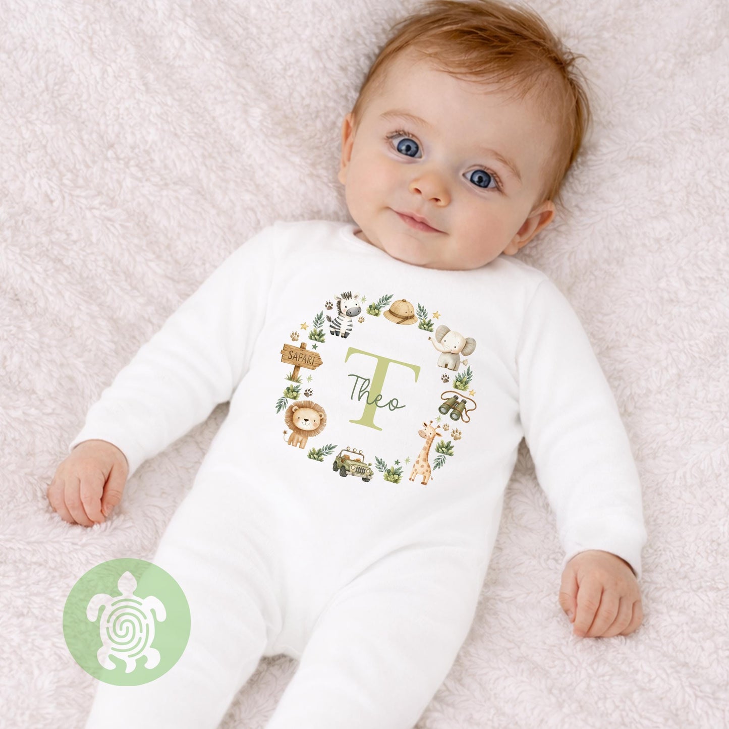 Personalised Safari Name T-Shirt | Custom Safari Animal Initial Wreath Sweatshirt, Baby Vest, Sleepsuit or Bib | Baby Boy Gift