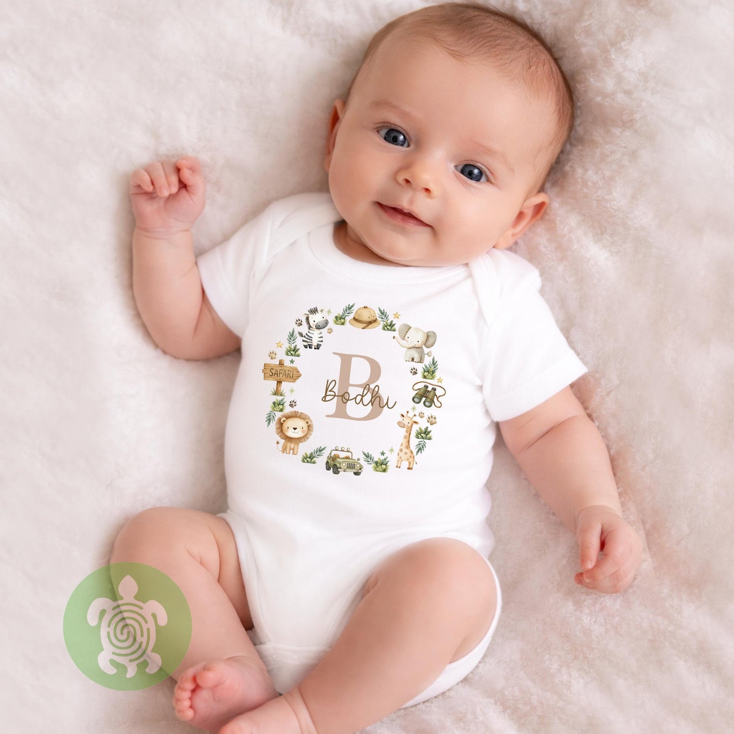 Personalised Safari Name T-Shirt | Custom Safari Animal Initial Wreath Sweatshirt, Baby Vest, Sleepsuit or Bib | Baby Boy Gift
