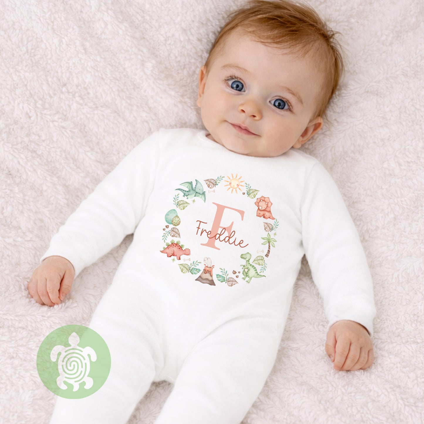 Personalised Dinosaur Name T-shirt | Custom Dino Initial Wreath sweatshirt, Baby Vest, Sleepsuit or Bib | Dinosaur Baby Gift