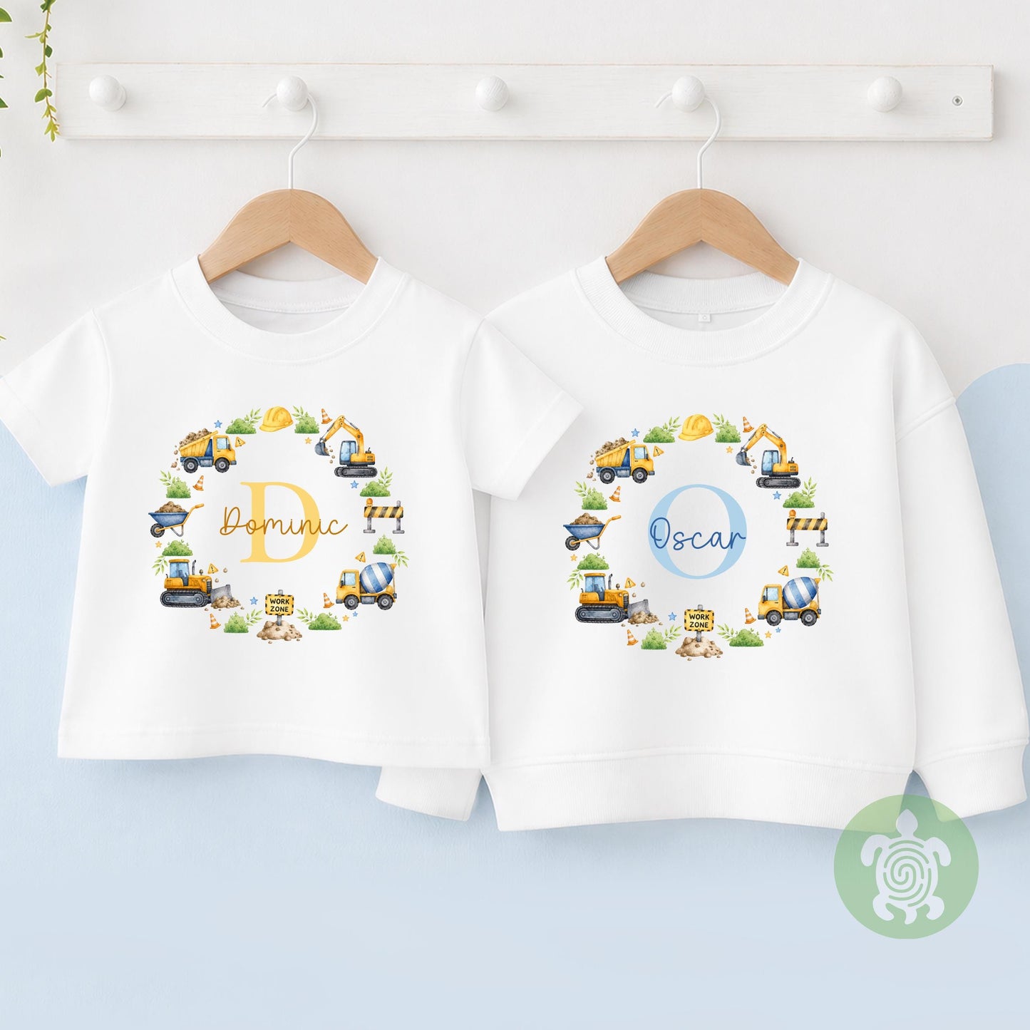 Personalised Digger Name T-shirt | Custom Construction Initial Wreath Sweatshirt, Baby Vest, Sleepsuit or Bib | Builder Baby Gift