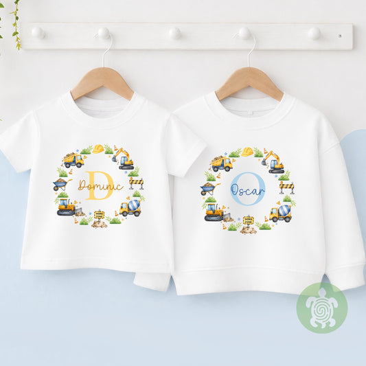 Personalised Digger Name T-shirt | Custom Construction Initial Wreath Sweatshirt, Baby Vest, Sleepsuit or Bib | Builder Baby Gift