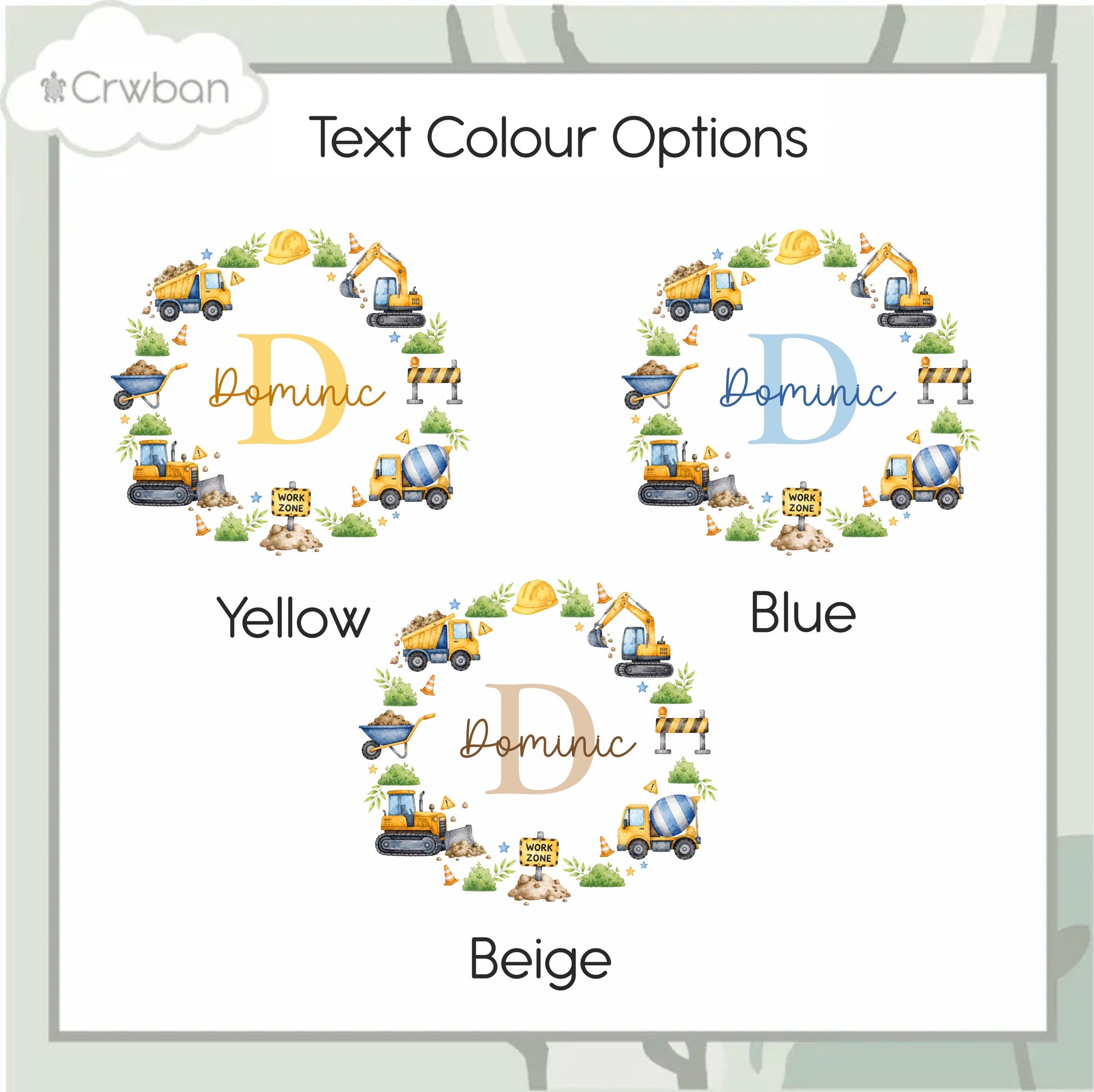 Personalised Digger Name T-shirt | Custom Construction Initial Wreath Sweatshirt, Baby Vest, Sleepsuit or Bib | Builder Baby Gift