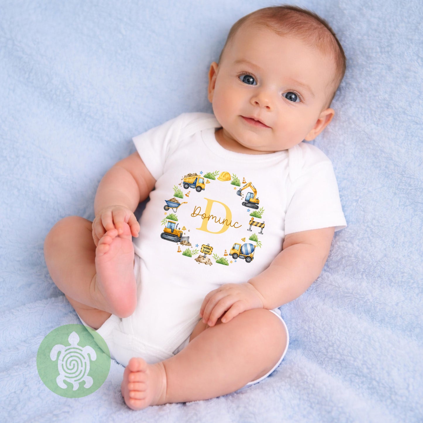 Personalised Digger Name T-shirt | Custom Construction Initial Wreath Sweatshirt, Baby Vest, Sleepsuit or Bib | Builder Baby Gift