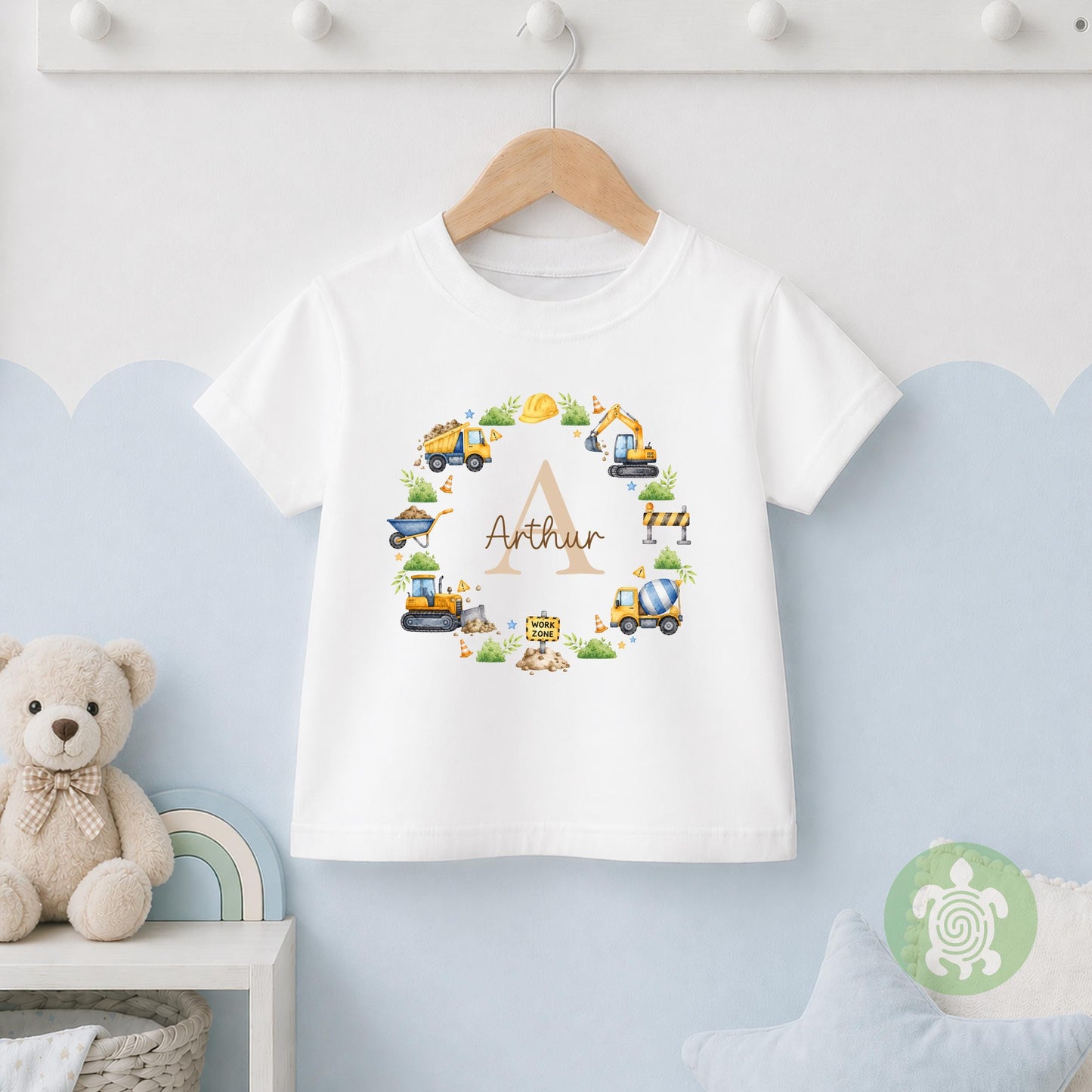 Personalised Digger Name T-shirt | Custom Construction Initial Wreath Sweatshirt, Baby Vest, Sleepsuit or Bib | Builder Baby Gift