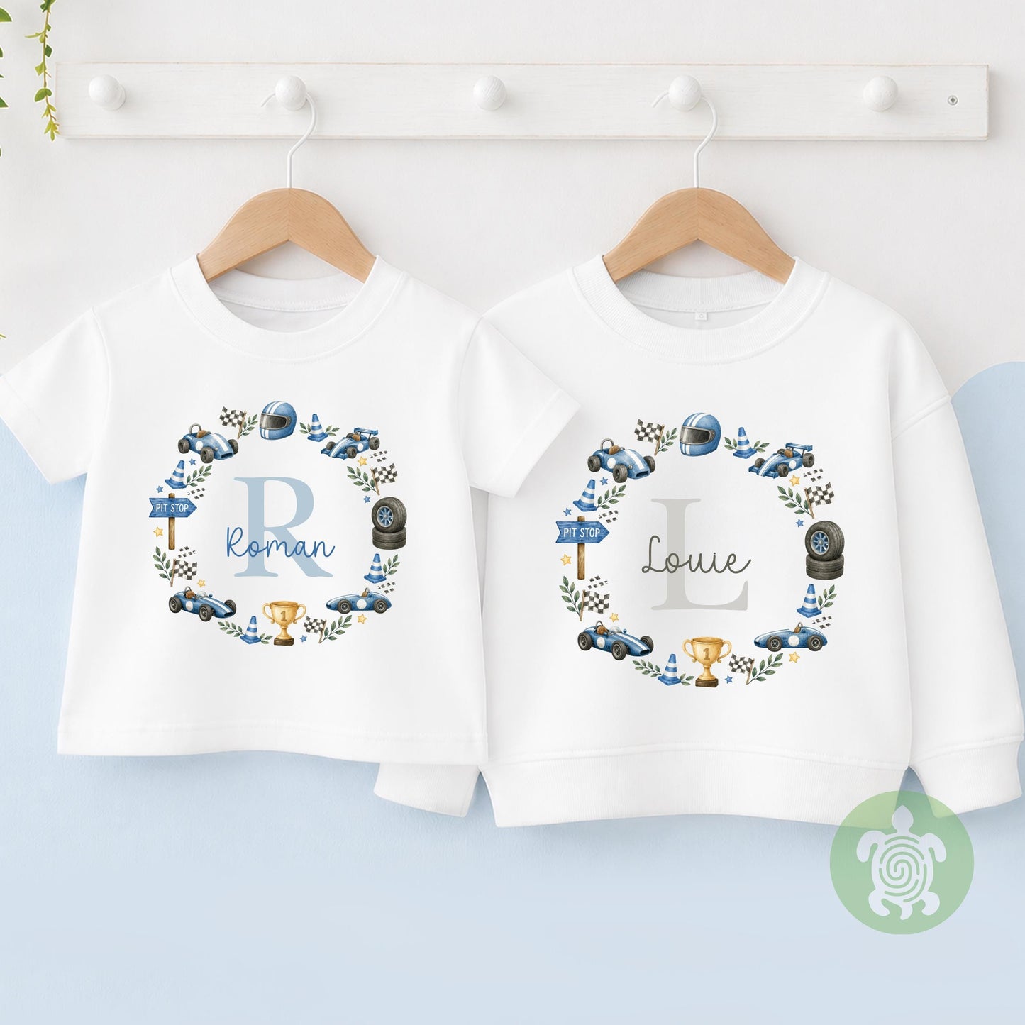 Personalised Race Car Name T-shirt | Custom Racing Initial Wreath Sweatshirt, Baby Vest, Sleepsuit or Bib | Motorsport Baby Gift