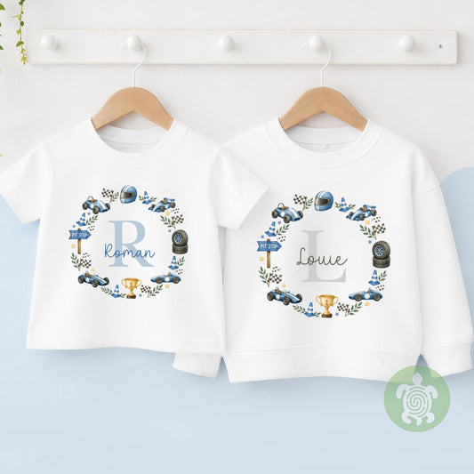 Personalised Race Car Name T-shirt | Custom Racing Initial Wreath Sweatshirt, Baby Vest, Sleepsuit or Bib | Motorsport Baby Gift