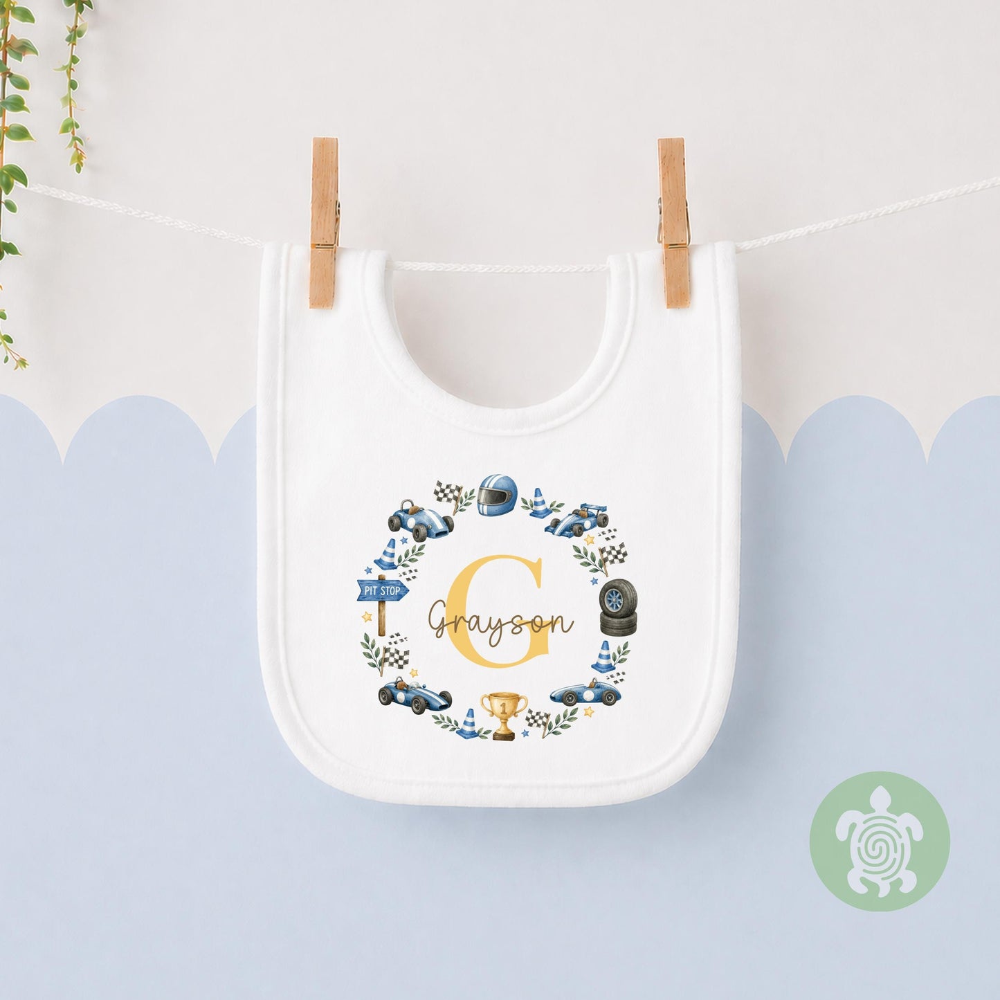 Personalised Race Car Name T-shirt | Custom Racing Initial Wreath Sweatshirt, Baby Vest, Sleepsuit or Bib | Motorsport Baby Gift
