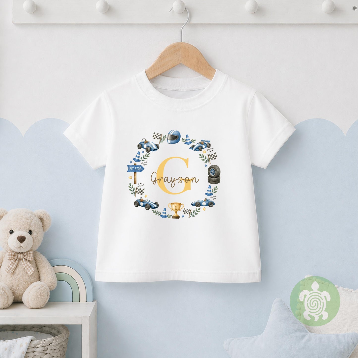 Personalised Race Car Name T-shirt | Custom Racing Initial Wreath Sweatshirt, Baby Vest, Sleepsuit or Bib | Motorsport Baby Gift