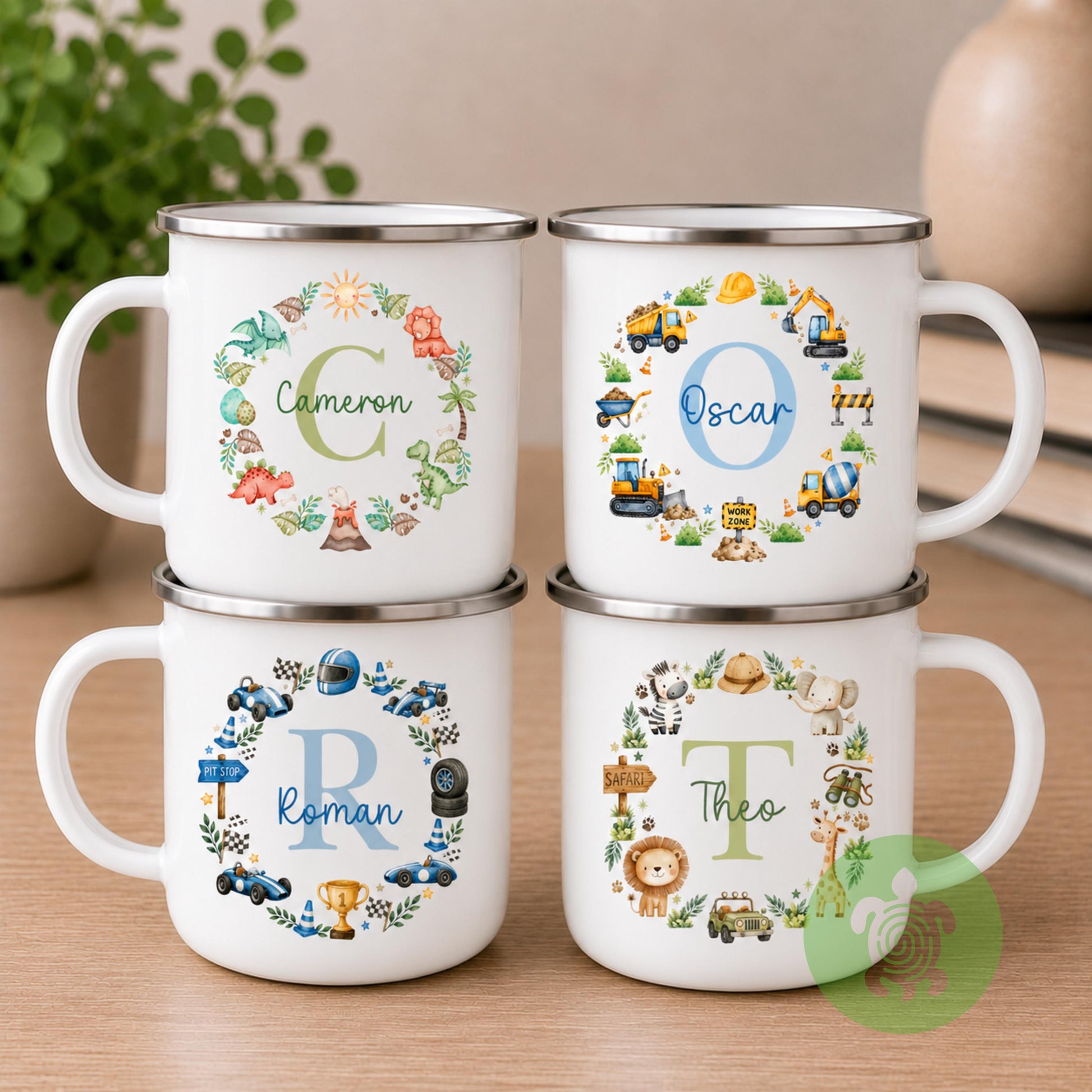 Personalised Boys Enamel Mug, Custom Name & Initial Cup, Dinosaur Safari Construction Racing Car Camping Mug, Birthday Gift for Boys