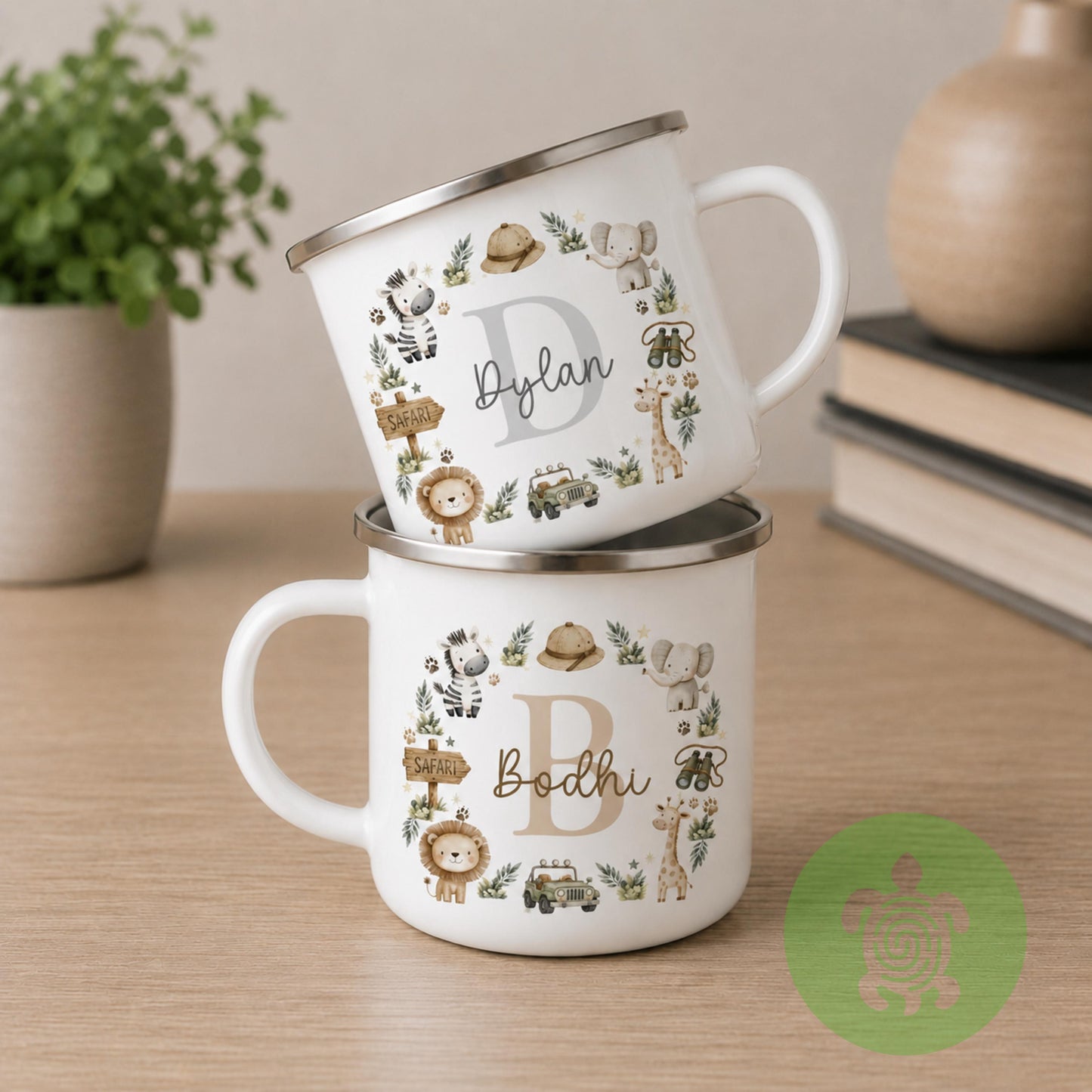 Personalised Boys Enamel Mug, Custom Name & Initial Cup, Dinosaur Safari Construction Racing Car Camping Mug, Birthday Gift for Boys