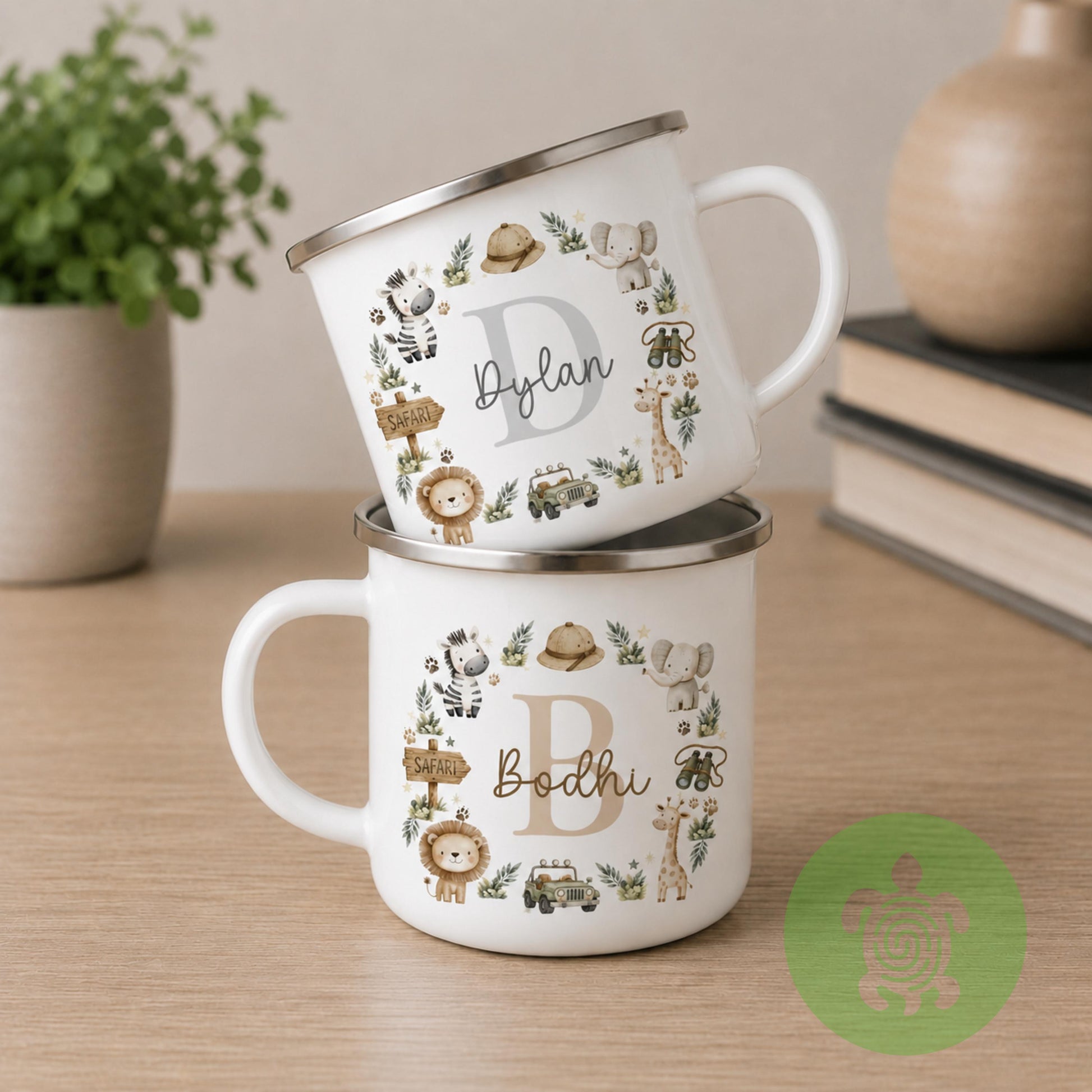 Personalised Boys Enamel Mug, Custom Name & Initial Cup, Dinosaur Safari Construction Racing Car Camping Mug, Birthday Gift for Boys