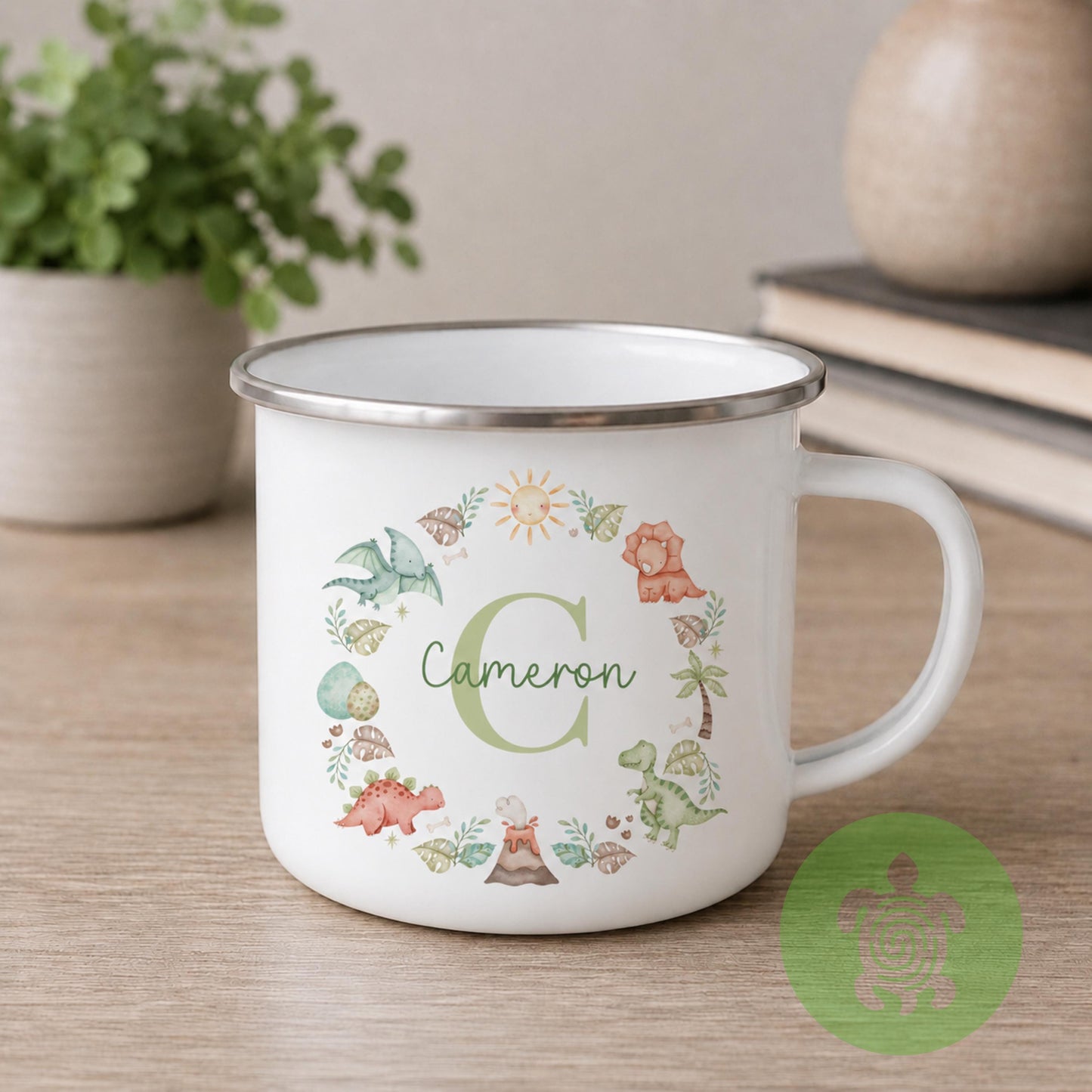 Personalised Boys Enamel Mug, Custom Name & Initial Cup, Dinosaur Safari Construction Racing Car Camping Mug, Birthday Gift for Boys