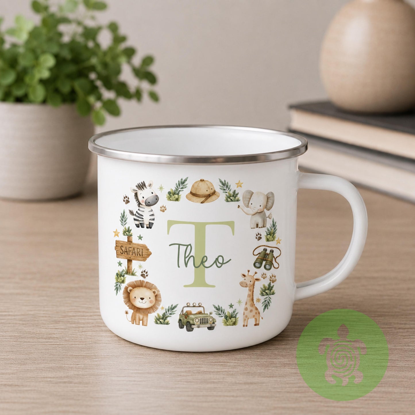 Personalised Boys Enamel Mug, Custom Name & Initial Cup, Dinosaur Safari Construction Racing Car Camping Mug, Birthday Gift for Boys