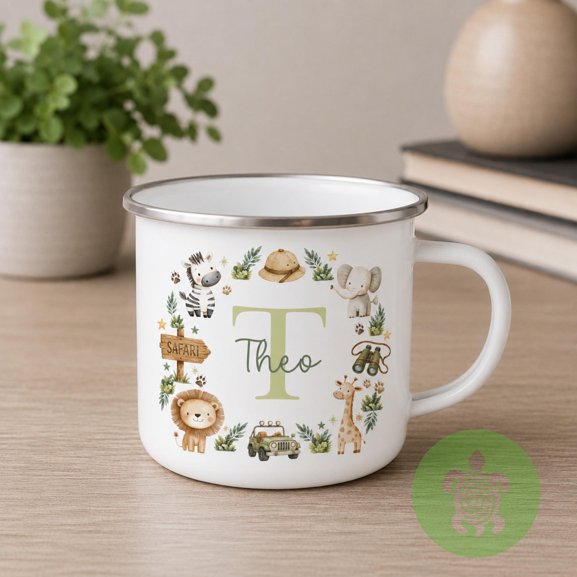 Personalised Boys Enamel Mug, Custom Name & Initial Cup, Dinosaur Safari Construction Racing Car Camping Mug, Birthday Gift for Boys
