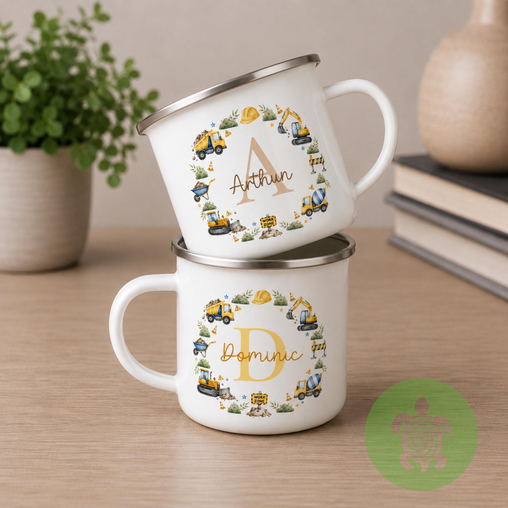 Personalised Boys Enamel Mug, Custom Name & Initial Cup, Dinosaur Safari Construction Racing Car Camping Mug, Birthday Gift for Boys