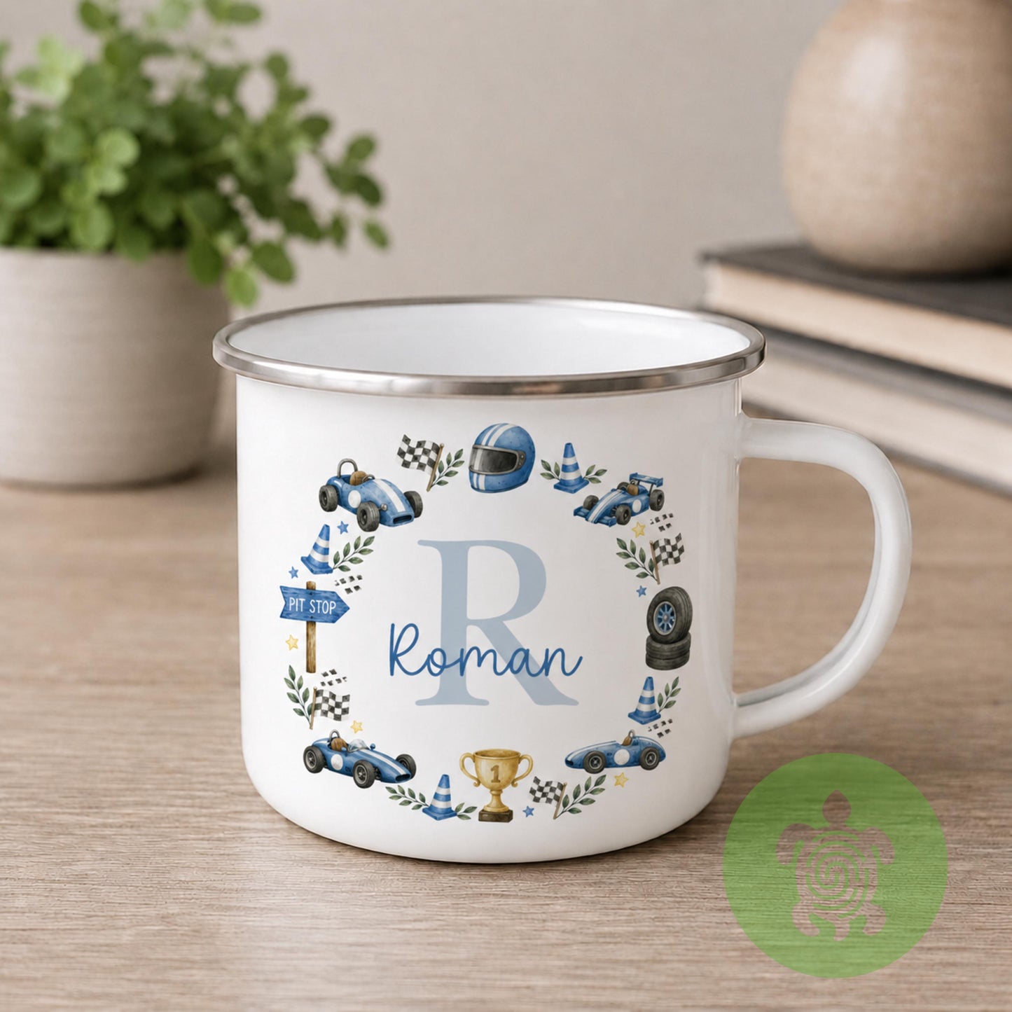 Personalised Boys Enamel Mug, Custom Name & Initial Cup, Dinosaur Safari Construction Racing Car Camping Mug, Birthday Gift for Boys