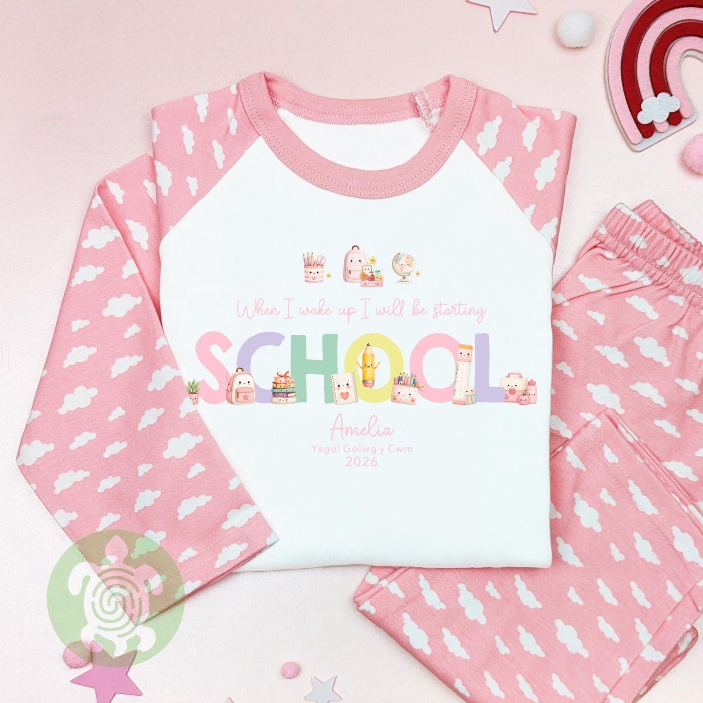 Personalised Pink Starting School Outfit, Back to School Childrens Outfit, First day of School, Cotton Set for Girls, Tight-fitting style