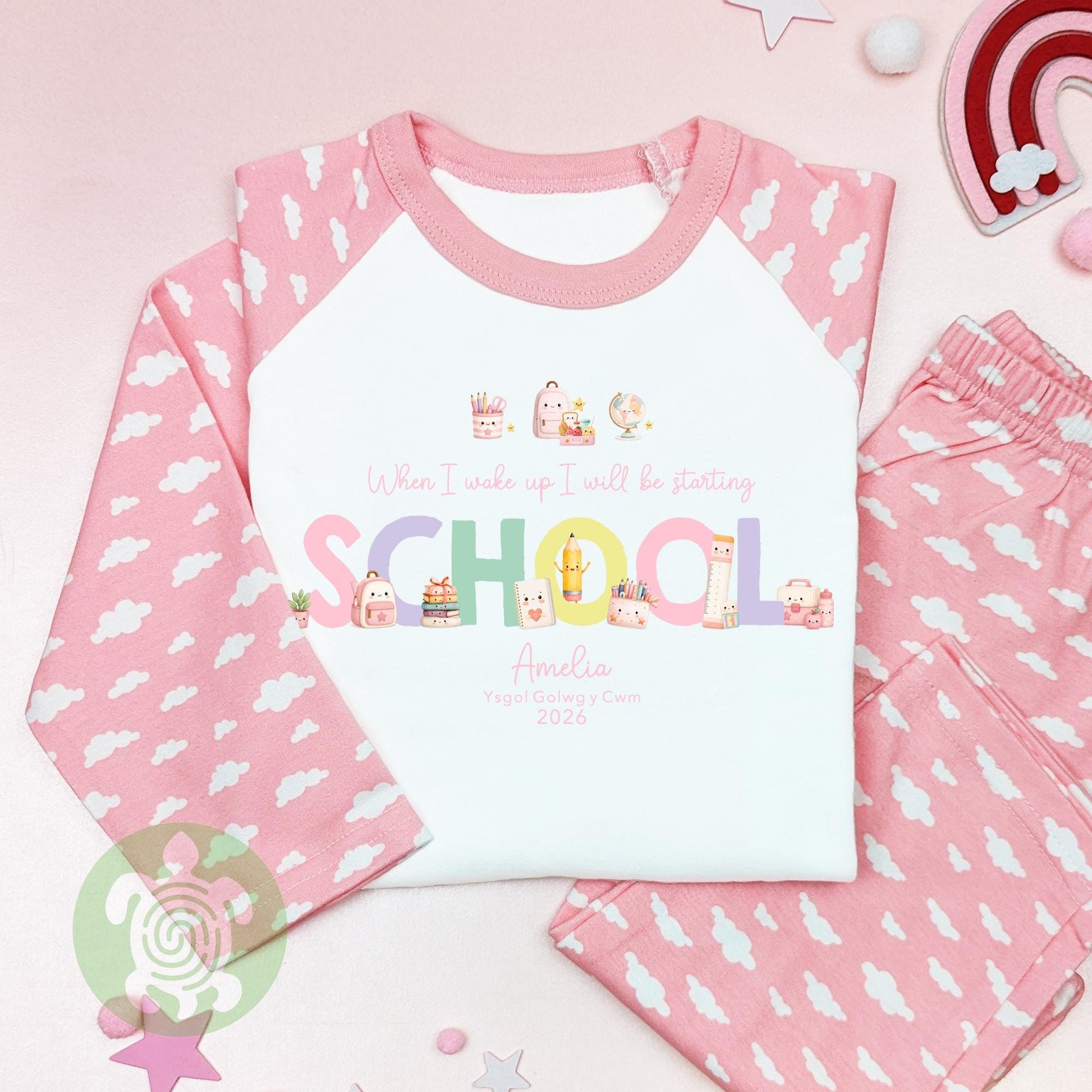 Personalised Pink Starting School Outfit, Back to School Childrens Outfit, First day of School, Cotton Set for Girls, Tight-fitting style