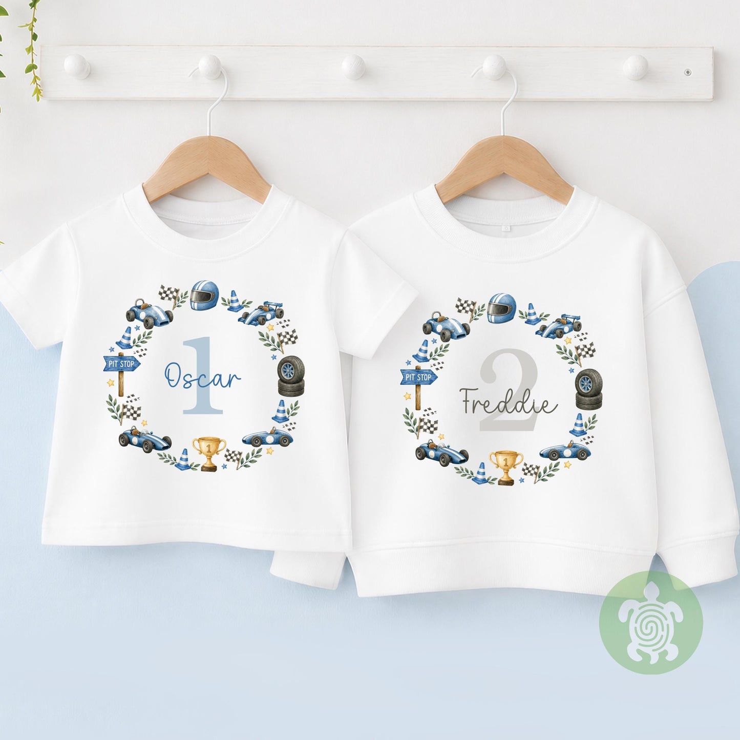 Personalised Race Car Birthday Name T-shirt | Custom Racing Any Age Wreath Sweatshirt, Baby Vest, Sleepsuit or Bib | Motorsport Baby Gift