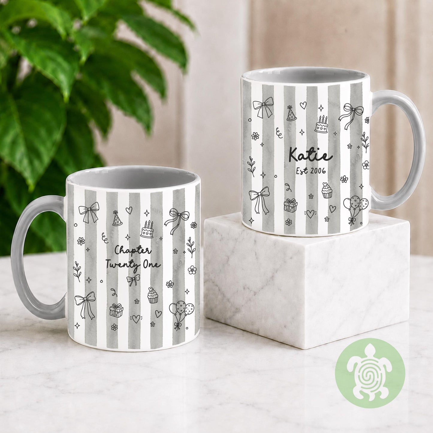 Personalised Chapter Birth Month Stripes Mug, Birthday Gift for Her, Turning Thirty Birthday Cup, Any Age Birthday Present for Women